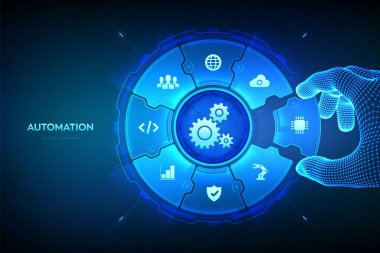 RPA Robotik İşlem Otomasyon Teknolojisi Konsepti. IOT. Yenilik, verimliliği arttırmak. Tel çerçeveli el, otomasyon işlemlerini görselleştiren bir bileşime bir element yerleştirir. Vektör