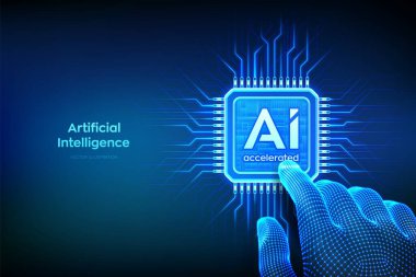 Yapay zeka çipi ve yapay zeka hızlandırılmış. İşlemci mikroçipine el basıyor. Yapay zeka teknolojisi kavramı. Yapay zeka hızlandırılmış işlemci çipi. Makine öğrenimi. Vektör illüstrasyonu