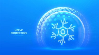 Sinir sistemi koruması. Sinir sağlığı. Nöroloji. Sinir sistemi hastalıklarının önlenmesi Alzheimer bunaması. Altıgen desenli, içerideki sinir hücresi ikonu koruma kalkanı. Vektör illüstrasyonu