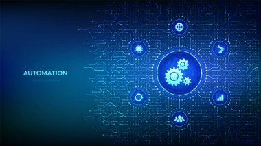 Robot Süreç Otomasyon Yazılımı. RPA. IOT ve Otomasyon teknolojisi konsepti. Akıllı endüstri. Verimliliği arttırıyorum. Devre kartı bağlantıları ve teknik simgeleri olan bir geçmiş. Vektör İllüstrasyonu