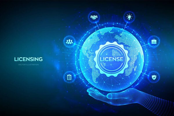Licensing. License agreement concept. Copyright protection law license property rights. World map point line composition. Earth planet globe in wireframe hand. Vector illustration