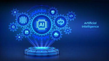 Al. Yapay zeka teknolojisi konsepti. Parlayan ışınların olduğu holografik platform ikonlarla bağlantılı dişlilerin bir projeksiyonunu oluşturuyor. Sinirsel ağlar. Makine öğrenimi. Vektör illüstrasyonu