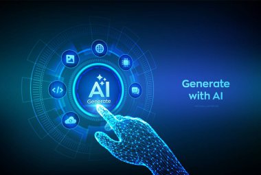 Yapay zeka düğmesiyle oluştur. Yapay zeka ve Makine öğrenme teknolojisi konsepti. Yapay zeka, fikir üretmek için komut yoluyla girer. Yakın plan bir Yapay Zeka Oluştur düğmesine basmak üzere. Vektör