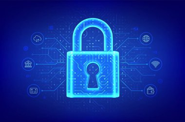 Siber güvenlik ve veri koruma teknolojisi kavramı. Anahtar delikli asma kilit. Ağ güvenliği. Bilgi gizlilik fikri. Devre çizelgesi. PCB baskılı devre dokusu. Vektör illüstrasyonu