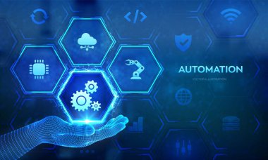 Robotik Süreç Otomasyon Yazılım simgesi kablo çerçevesinde. RPA. IOT ve Otomasyon kavramı bir yenilik olarak, teknoloji ve iş süreçlerinde verimliliği artırır. Akıllı endüstri. Vektör