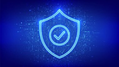 Güvenlik kalkanı. Siber güvenlik. İkili kodla yapılmış İşaretleme simgesiyle koruma kalkanı. Siber veri koruması. Bilgi gizliliği. 1.0 basamaklı dijital kod arkaplanı. Vektör illüstrasyonu