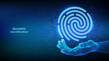 Biyometrik tanımlama. Kişisel veri koruması. Siber güvenlik. Şifre kontrol. Özel güvenlik. Devre kartlarının arka planında kablo çerçeveli parmak izi simgesi. Vektör İllüstrasyonu