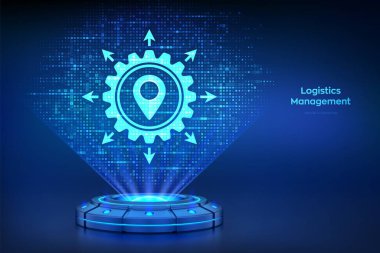 Lojistik yönetimi. Parlayan ışınların yansıttığı holografik platform ikili koddan oluşan bir lojistik yönetim ikonu. Akıllı lojistik, ulaşım. Lojistik küresel ağ dağılımı. Vektör