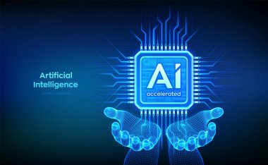 Yapay zeka çipi ve yapay zeka kabloyla hızlandırılmış eller. İşlemci mikroçip. Yapay zeka teknolojisi kavramı. Yapay zeka hızlandırılmış işlemci çipi. Makine öğrenimi. Vektör illüstrasyonu