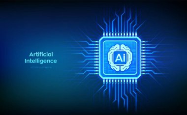 Yapay zeka çipi ve yapay zeka dijital beyin devre kartı ikonu. Yapay zeka bir mikroişlemciye entegre edildi. Yapay zeka teknolojisi konsepti. İşlemci mikroçip. Vektör illüstrasyonu.