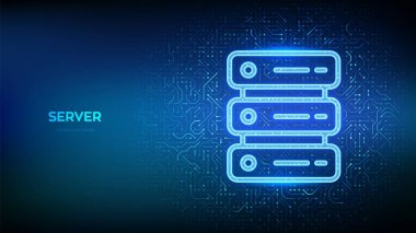Sunucu simgesi. Bilgisayar sunucusu ve veri depolama geçmişi. Sunucu sunucusu. Veritabanı deposu. Veri merkezi. Devre çizelgesi. PCB baskılı devre dokusu. Vektör illüstrasyonu.