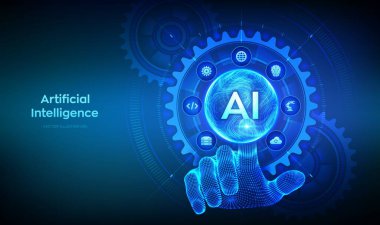 Al. Yapay Zeka. Makine Öğrenme Konsepti. Büyük veri. Sinirsel ağlar. Dalgalı ızgara küre. Bağlı dişli dişliler ve simgelerle dijital arayüze dokunan tel çerçeveli el. Vektör illüstrasyonu