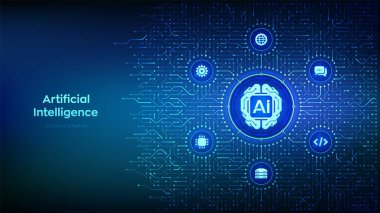 Al. Yapay Zeka teknolojisi. Dijital beyin. Sinirsel ağ. Makine öğrenimi. Derin öğrenme. Büyük veri analizi. Devre kartı bağlantıları ve teknik simgeleri olan bir geçmiş. Vektör İllüstrasyonu