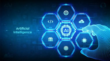 Al. Yapay Zeka teknolojisi. Dijital beyin. Sinirsel ağ. Makine öğrenimi. Derin öğrenme. Büyük veri analizi. Tel çerçeve bir elementi kompozisyona yerleştirir. Vektör illüstrasyonu