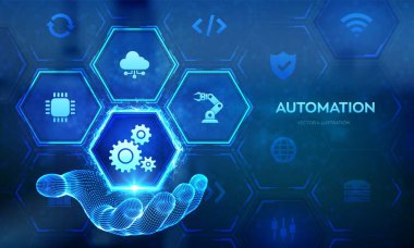 Robotik Süreç Otomasyon Yazılım simgesi kablo çerçevesinde. RPA. Akıllı endüstri. IOT ve Otomasyon kavramı bir yenilik olarak, teknoloji ve iş süreçlerinde verimliliği artırır. Vektör