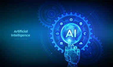 Al. Yapay Zeka. Makine Öğrenme Konsepti. Büyük veri. Sinirsel ağlar. Dalgalı ızgara küre. Bağlı dişli dişliler ve simgelerle dijital arayüze dokunan tel çerçeveli el. Vektör illüstrasyonu