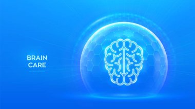 Beyin bakımı ve korunma. Psikoloji ve Nöroloji. Doktor alzheimer, bunama hastalıklarını öğretiyor. Altıgen desenli koruyucu kürenin içindeki insan beyin ikonu. Vektör illüstrasyonu