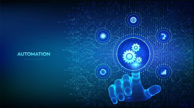 Robot Süreç Otomasyon Yazılımı. RPA. IOT ve Otomasyon teknolojisi konsepti. Akıllı endüstri. Devre kartı bağlantıları ve teknik simgeleri olan bir geçmiş. El basma düğmesi. Vektör İllüstrasyonu