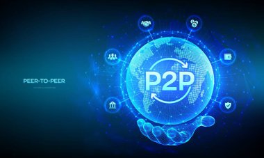 Akran akrana. P2P ödeme ve para transferi için çevrimiçi model. Eşler arası teknoloji konsepti. Dünya haritası çizgi kompozisyonu. Dünya gezegeni küresi kablo çerçeveli elde. Vektör illüstrasyonu