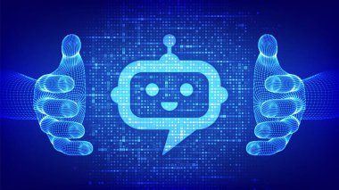 Robot sohbet robotu baş simgesi. Kablo çerçeveli ellerde ikili kodla yapılmış. Chatbot asistan başvurusu. Dijital ikili veri ve dijital kod yayını. Arkaplanda 1.0 rakamı var. Vektör İllüstrasyonu