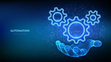 RPA. Robot Süreç Otomasyon Yazılımı. Devre kartlarının arka planında vites simgeleri var. Akıllı endüstri. IOT ve Otomasyon konsepti. Yenilik, teknolojide verimliliği arttırmak. Vektör