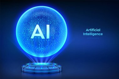 Al. Yapay zeka teknolojisi konsepti. Yapay zeka, devre kartı desenli holografik bir küre olarak görselleştirildi. Sinirsel ağ. Yenilikçi makine öğrenimi. Vektör illüstrasyonu