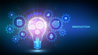 Yenilik. Ticari yenilikçi fikir ve çözüm teknolojisi kavramı. Yaratıcı fikir, ilham. Beyin fırtınası. Yaratıcılık. İçinde dişli dişliler olan ampul. Yaratıcı Düşünce. Vektör illüstrasyonu