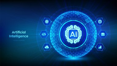 Al. Yapay Zeka. Dijital beyin. Makine Öğrenme Konsepti. Sinirsel ağlar. Yapay zeka teknolojisi. Büyük veri analizi. Altıgen yüzeyi ve dijital beyin ikonu olan üç boyutlu bir küre. Vektör illüstrasyonu