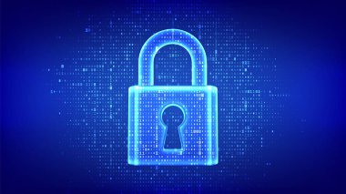 Kilit. Siber güvenlik. İkili kodla yapılmış anahtar deliği simgesiyle asma kilit. Koruma ve Güvenlik ya da Güvenli konsept. Bilgi gizliliği. 1.0 basamaklı dijital kod matrisi arkaplanı. Vektör İllüstrasyonu