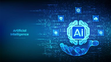 Elinde ikili kodla yapılan dijital beyin ikonu. Yapay Zeka teknolojisi konsepti. Sinirsel ağ. Makine öğrenimi. Büyük veri. 1.0 basamaklı ikili kod arkaplanı. Vektör illüstrasyonu