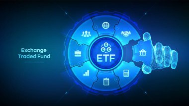 ETF. Borsa borsası borsa yatırım finansal konsepti. Borsa endeks fonu. İş büyümesi. El, ETF 'yi görselleştiren bir bileşime bir element yerleştirir. Vektör illüstrasyonu