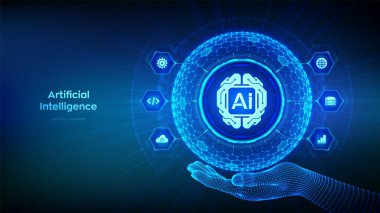 Al. Yapay Zeka. Dijital beyin. Makine Öğrenme Konsepti. Sinirsel ağlar. Büyük veri analizi. Altıgen yüzeyi olan üç boyutlu küre ve kablo çerçeveli dijital beyin ikonu. Vektör illüstrasyonu