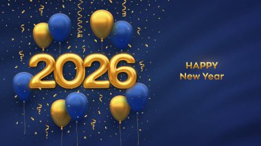 Mutlu yıllar 2026. 3D helyum balonları ve mavi arka planda düşen konfetilerle 2026 numaralı altın numaraları asmak. Yeni yıl, Xmas tebrik kartı, afiş şablonu. Vektör illüstrasyonu