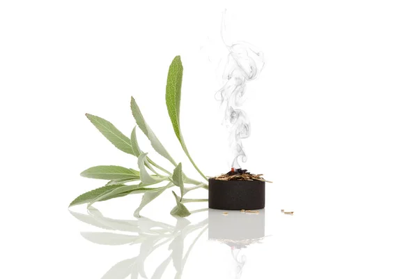 White Sage Burning Charcoal Isolated White Background Purifying Cleansing Ceremony Images De Stock Libres De Droits
