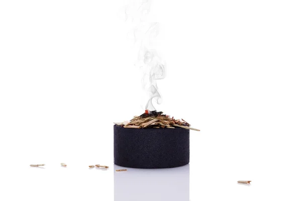 Burning Incense Charcoal Isolated White Background Smudging Cleansing Purifying Ceremony Foto Stock