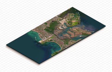 Jimbaran plajının 3D modeli, Bali Endonezya, Japonya. Infographic için Isometric harita sanal arazi 3D. Coğrafya ve topoğrafya gezegeni dünya uydu görüntüsünü düzleştirdi 