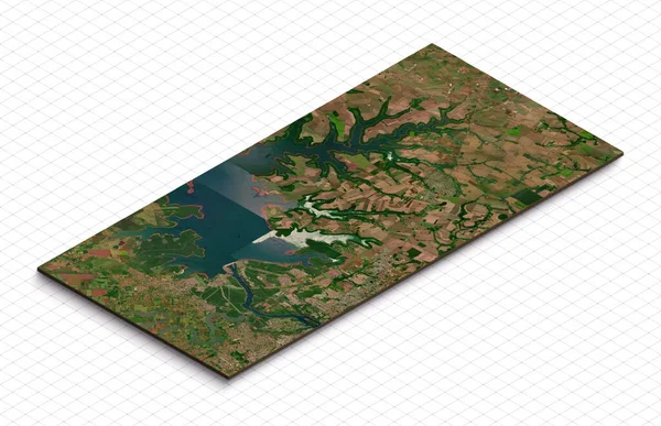 3d model of Presta De Itaipu Dam in Paraguay. Isometric map virtual terrain 3d for infographic. Geography and topography planet earth flattened satellite view