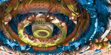 Soyut fantastik steampunk motor arka planı. Fraktalın içinden gelecek görüşü. Üç boyutlu illüstrasyon. 3d fraktal grafik, büyük bir fraktal mandelbrot parçası..