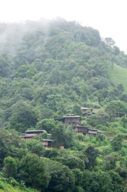 Pirinç tarlalarının ve Tayland Tepesi Kabilesi 'nin evinin manzarası. Köy, Mae Jam, Chiang Mai, Tayland 'daki pirinç teraslarının arasında bir vadide..