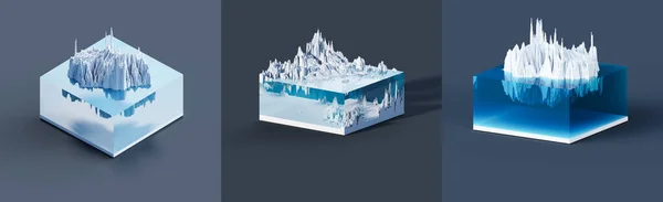 3Dイラストのボックス ロック マウンテンピーク氷山 ランドスケープ地形図モデル 長方形のブロックから成っている多彩な3Dボイセルの風景 — ストック写真