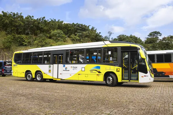 Stock image Bus vehicle Marcopolo Viale BRT Scania K310IB 6x2 2023 on display at Nineteenth Edition of Bus Brasil Fest 2023 show, held in the city of Campinas, Brazil.