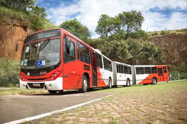 Stock image Marcopolo Gran Viale articulated Volvo B12M 2007 bus on display at Nineteenth Edition of Bus Brasil Fest 2023 show, held in the city of Campinas, Brazil.