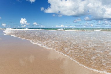 Brezilya 'nın Porto de Galinhas şehrinde ufukta bulutlar görünen tropikal bir sahil..