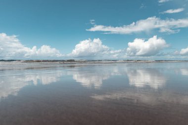 Brezilya 'nın Porto de Galinhas şehrinde ufukta bulutlar görünen tropikal bir sahil..
