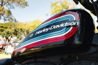 Harley-Davidson motorsikletinin yakıt deposu, renkli kavisli çizgilerle süslenmiş, marka logosu ve isminin altı çizili