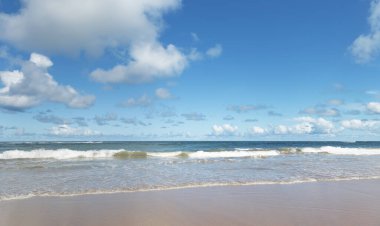 Beyaz bulutlarla dolu mavi bir gökyüzünün altında yumuşak dalgaların kumlara vurduğu kıyı manzarası.