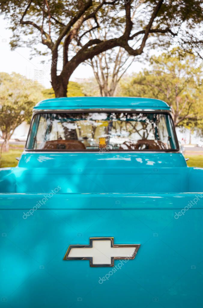 1956 Chevrolet pickup truck on exhibition at the monthly meeting of vintage cars in the city of Londrina, Brazil.