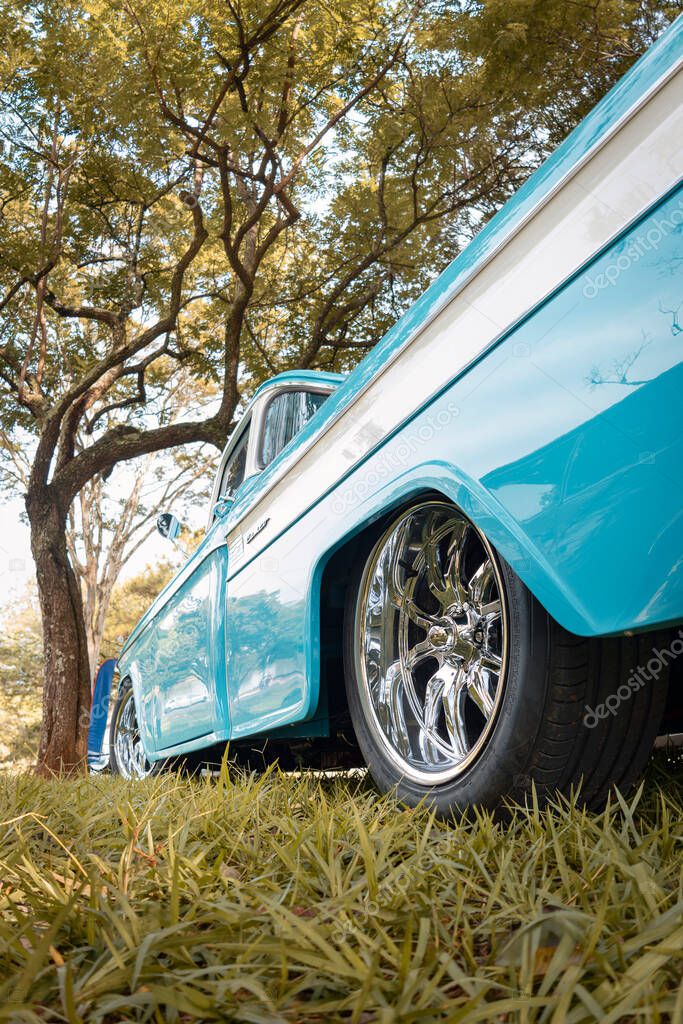 1956 Chevrolet pickup truck on exhibition at the monthly meeting of vintage cars in the city of Londrina, Brazil.