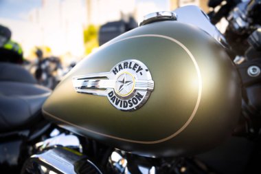 Yakıt deposu ve Milwaukee 8 114 motorlu Harley Davidson motorlu, zeytin yeşili metalik kaplama ve krom detaylar içeriyor..