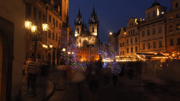 Vista Noturna Bairro Histórico Praga Com Luz Balão Led República — Fotografia de Stock
